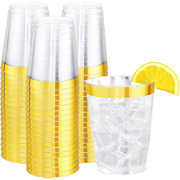 200 Pack Gold Plastic Cups, 9 Oz Elegant Clear Plastic Cups Gold Rimmed Disposable Wine Glasses Fancy Disposable Party Cup Wedding Cup Drinking Tumblers Cocktail Glasses Perfect for Party