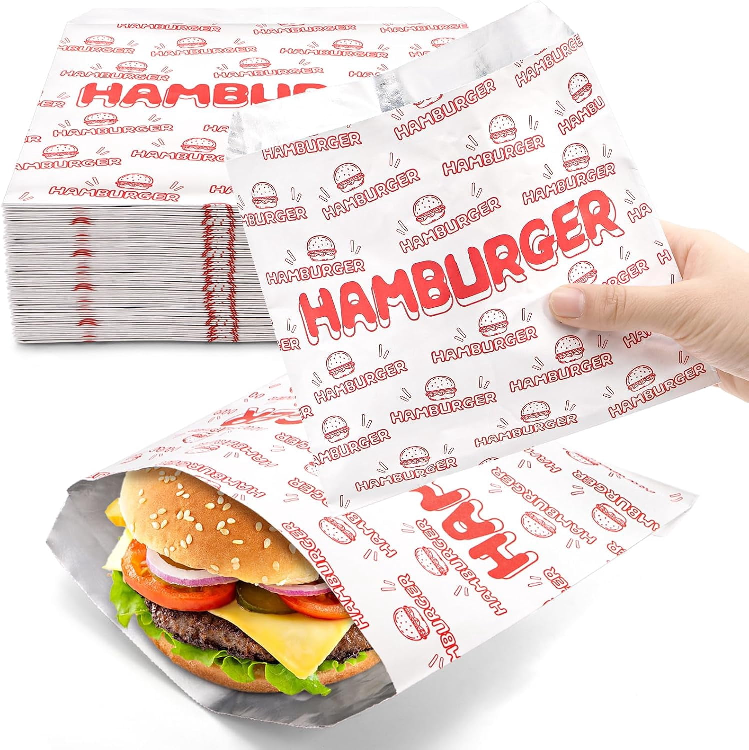 200 Pack Hamburger Wrappers, Foil Hamburger Sleeves, Grease Resistant Hamburger Bags Bulk, BPA Free Cheeseburgers Wrappers for Snack Bars, Food Truck, Take Out, Concession Stand, Christmas