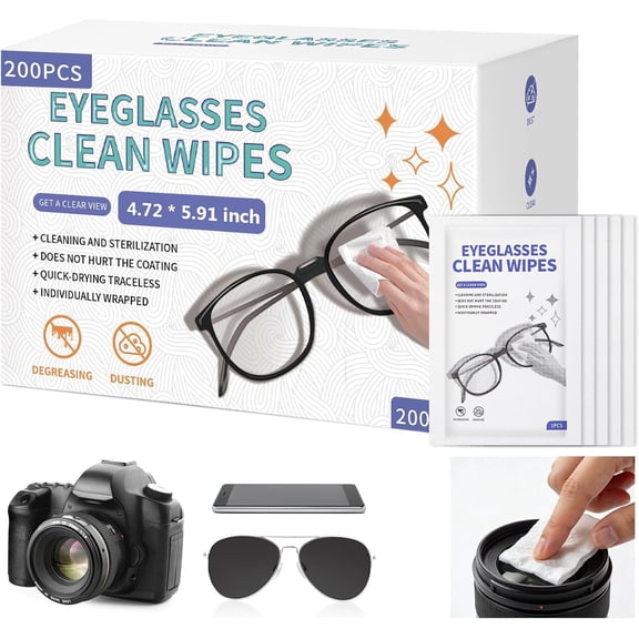 [200 Pack] Large Glasses Cleaner, Lens Wipes for Eyeglasses, Pre-Moistened Individually Wrapped Cleaning Wipes, Eye Glasses Cleaner Wipes for Camera, Phone, , Laptop Screen (4.72 * 5.91 inch)