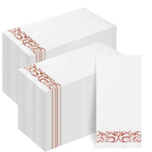 200-Pack Linen-Feel Disposable Guest Towels – Soft and Absorbent Paper Hand Towels for Bathroom or Kitchen – Elegant White Napkins with Rose Gold Design for Parties, Weddings, Dinners Events