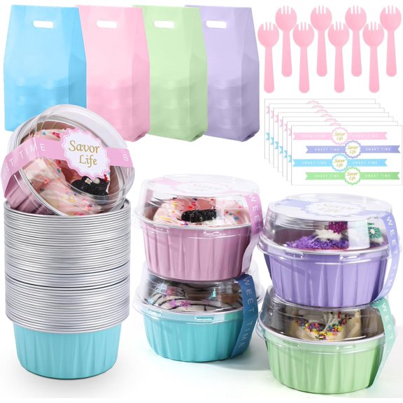 200 Pack Macaron Mini Cake Pans Set with Lids Spoons Sealing Stickers and Gift Bags