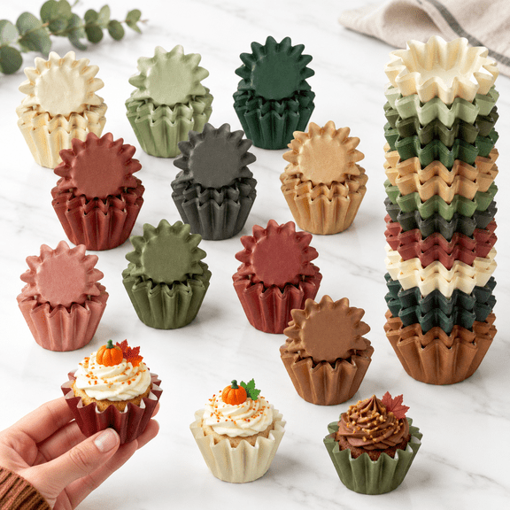 200 Pack Mini Dark Colored Fall Themed Cupcake Liners with 10 Styles