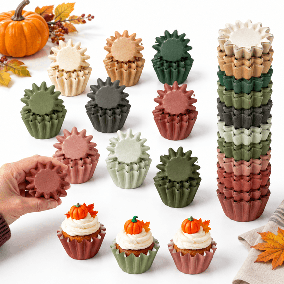 200 Pack Mini Size Dark Colored Fall Themed Cupcake Liners, 10 Styles