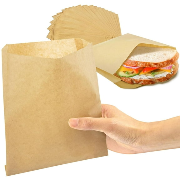 200 Pack Paper Sandwich Bags 7 x 6”, Greaseproof Snack Bags, Unbleached Pastry Bag, Recyclable Small Brown Paper Bags, Cookie Sleeves, Food Packing for Bakery, Donuts