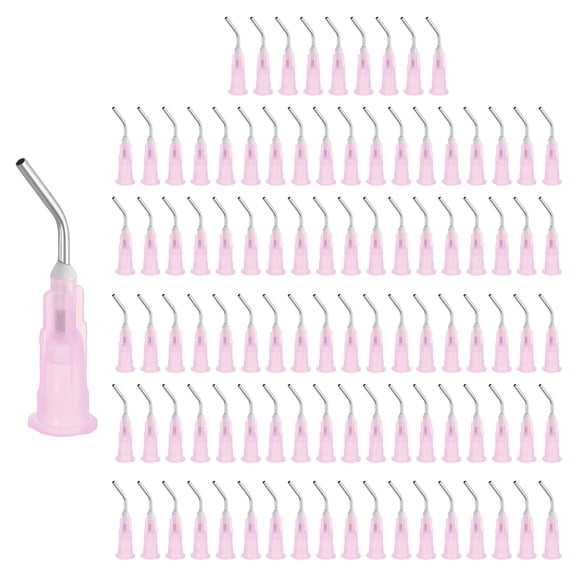 200 Pack Pre Bent Dispensing Needle Tips, 18 Gauge Stainless Steel 45 Degrees Bent Dispensing Tips 0.5" End Angled Blunt Dispenser Needle with Luer Slip, Pink