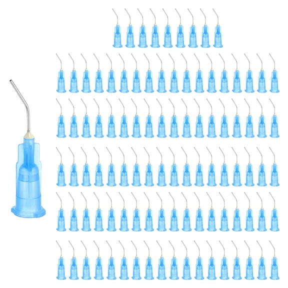 200 Pack Pre Bent Dispensing Needle Tips, 23 Gauge Stainless Steel 45 Degrees Bent Dispensing Tips 0.5" End Angled Blunt Dispenser Needle with Luer Slip, Blue