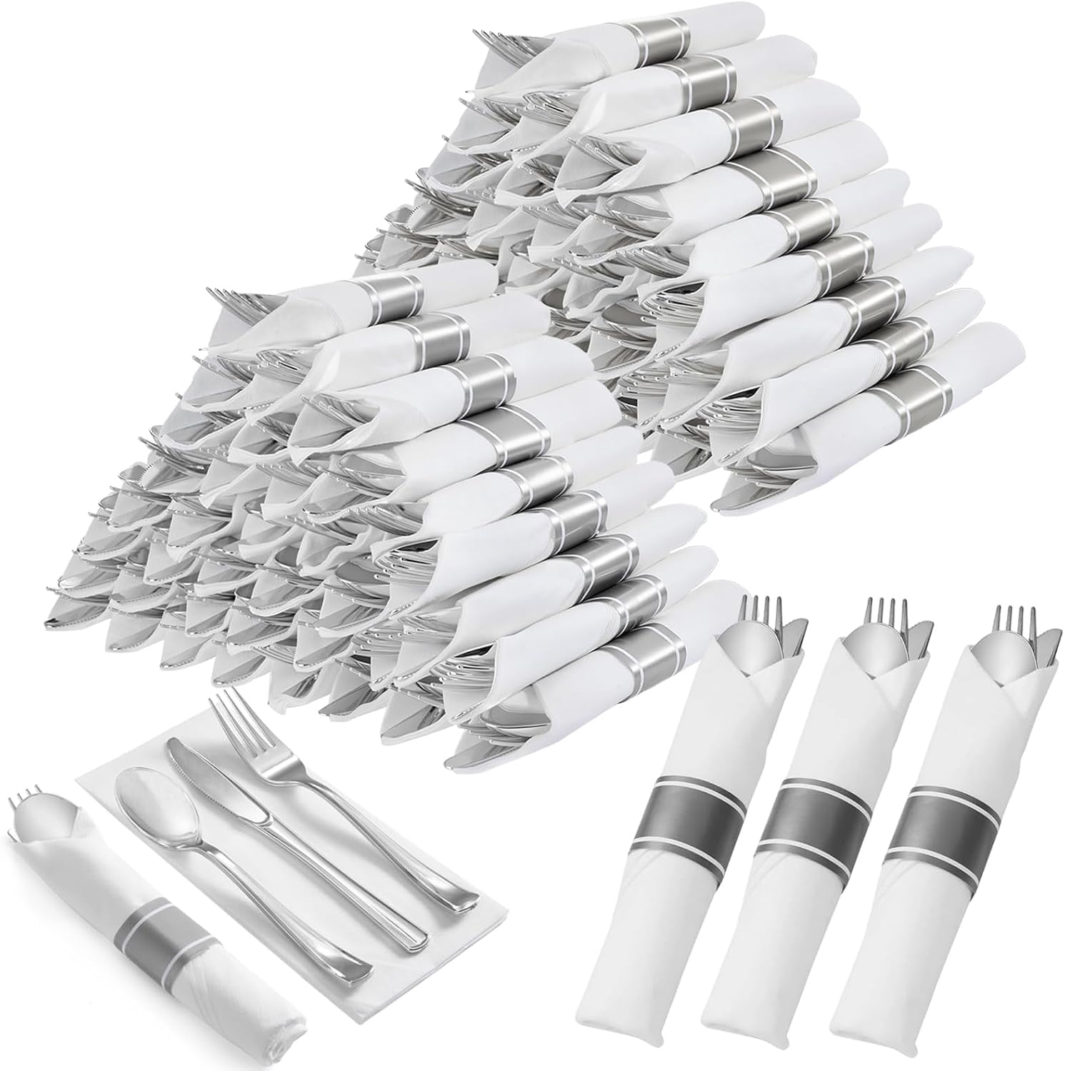 200 Pack Pre Rolled Disposable Plastic Silverware Set with Napkins ...