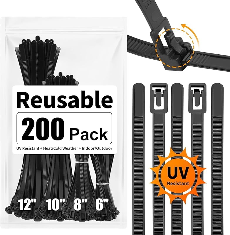 200 Pack Reusable Zip Ties Assorted Sizes 6 8 10 12 Inch UV Resistant Black Zip Ties Heavy Duty Outdoor Releasable Round Ending Hurt Cable Ties Reusa 200 Pack Reusable Zip Ties Assorted Sizes 6 8 10 12 Inch UV Resistant Black Zip Ties Heavy Duty Outdoor Releasable Round Ending Hurt Cable Ties Reusa