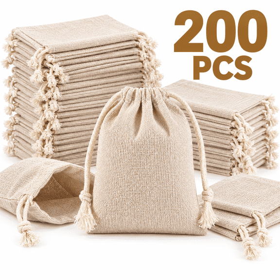 200-Pack Small Linen Drawstring Bags, 3.9 x 4.7 in Reusable Gift Pouches for Wedding Favors, Jewelry, Candy, Soap, Sachets and Party Supplies, Beige