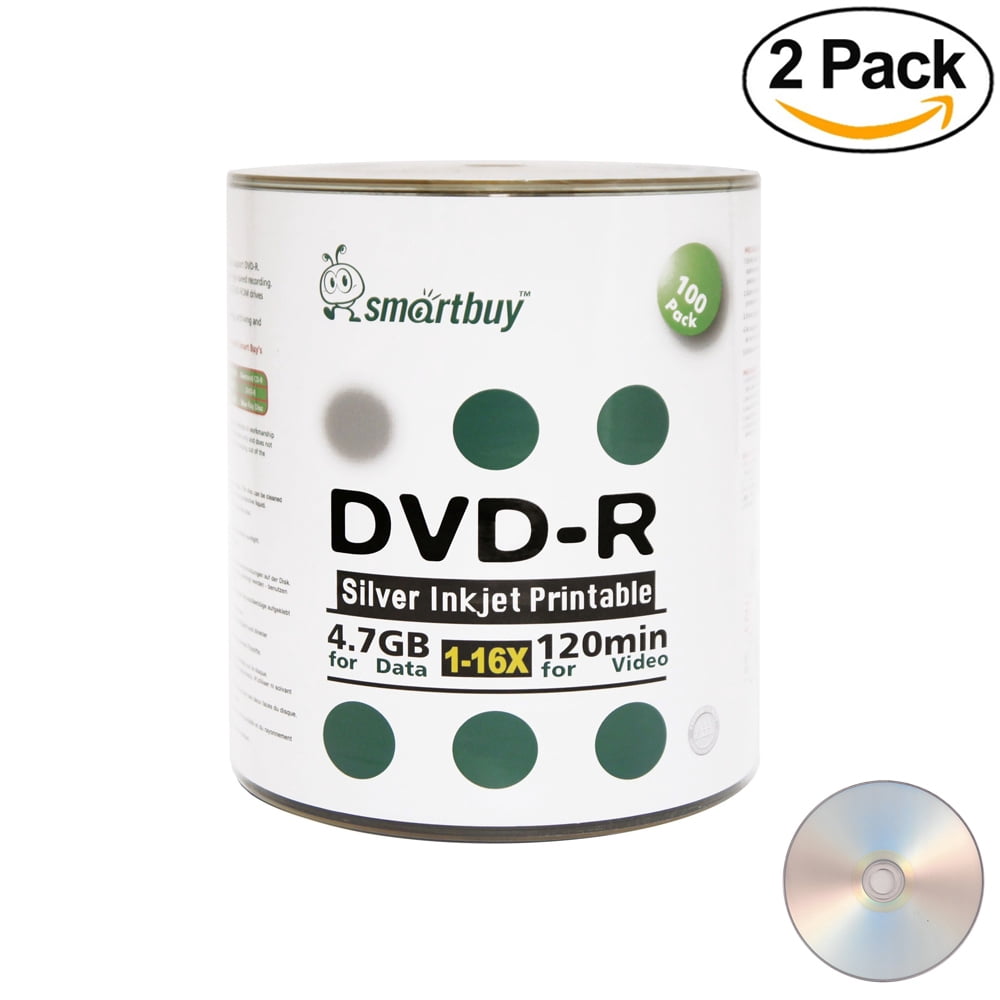 200 Pack Smartbuy 16X DVD-R 4.7GB 120Min Silver Inkjet Hub Printable Data Blank Media Recordable Disc