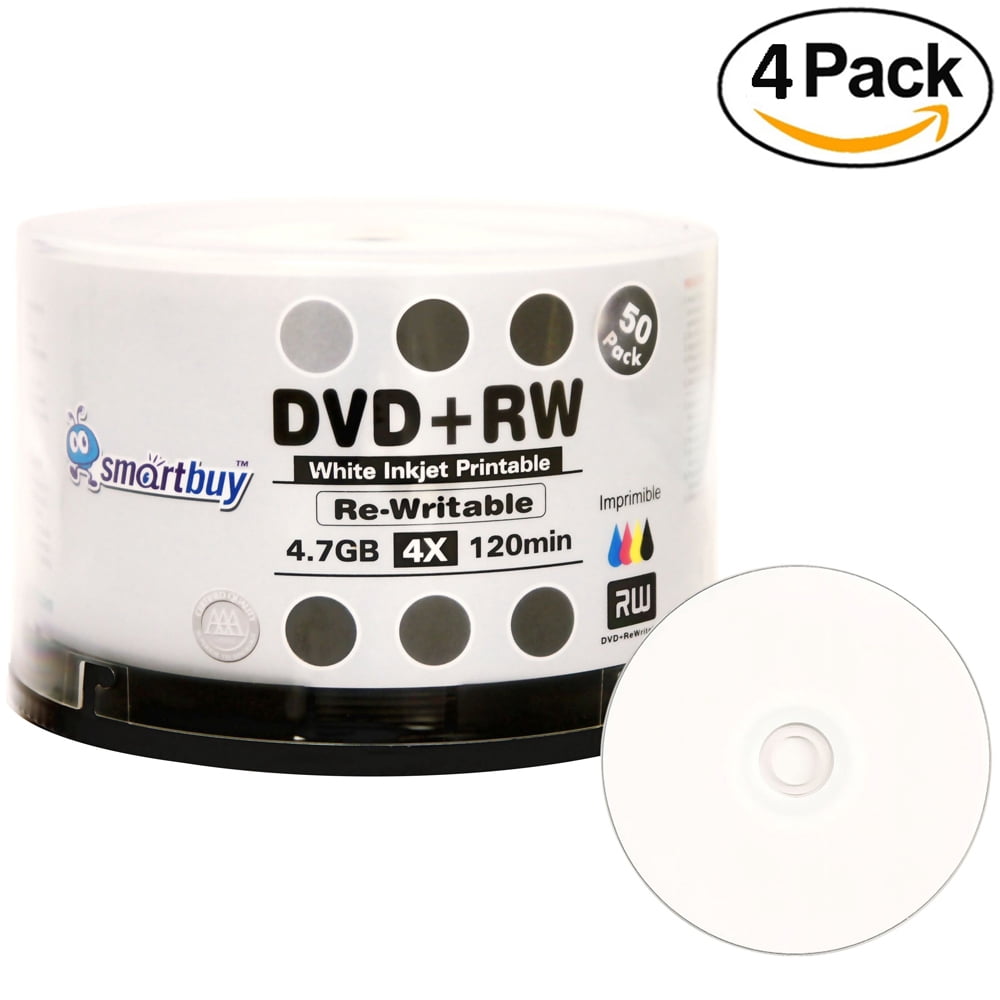 200 Pack Smartbuy Blank DVD+RW 4x 4.7GB 120Min White Inkjet Hub Printable Rewritable DVD Media Disc