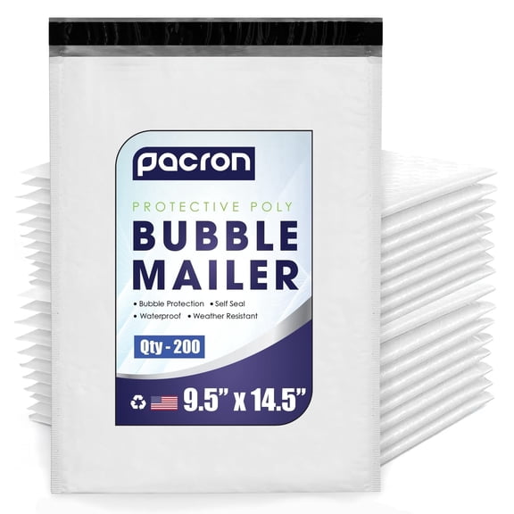 Pacron Poly Bubble Mailers 9.5x14.5 Inch 200-Pack - Waterproof Self-Sealing Padded Envelope for Shipping - Durable Shipping Envelopes for Clothing, Electronics & Accessories