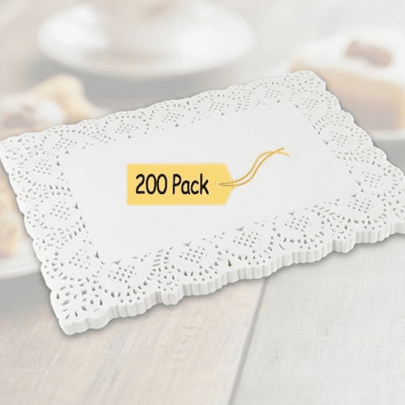 200-Pack White Rectangle Paper Doilies, 14x10 Inch Lace Placemats for Cakes, Desserts, and Weddings - Disposable Table Covers and Decorative Tableware