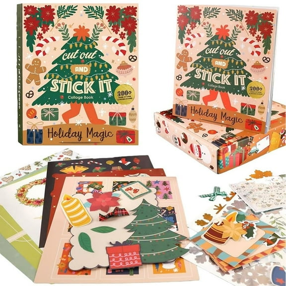200+ Pages Holiday Magic Collage Activity Book, Christmas Sticker Scrapbooking Crafting Supplies with Decorative Papers Die Cuts for Card Making Journaling