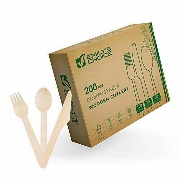 200 Pc Disposable/Biodegradable Wooden Cutlery/Compostable Utensils Set