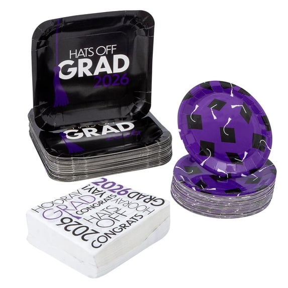 200 Pc. Purple Hats Off Grad 2026 Party Disposable Tableware Set for 50 Guests