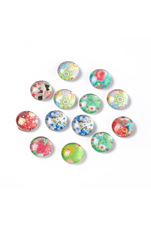 200 Pcs 10mm Printed Glass Cabochons Flatback Dome Cabochons Mosaic Tile for Photo Pendant Making Jewelry Floral for DIY