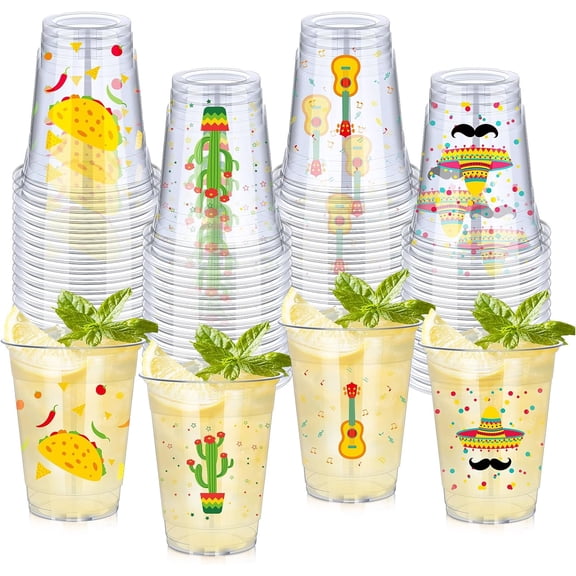 200 Pcs 12 oz Clear Plastic Margarita Cups Disposable Party Drinkware with 4 Mexican Theme Patterns