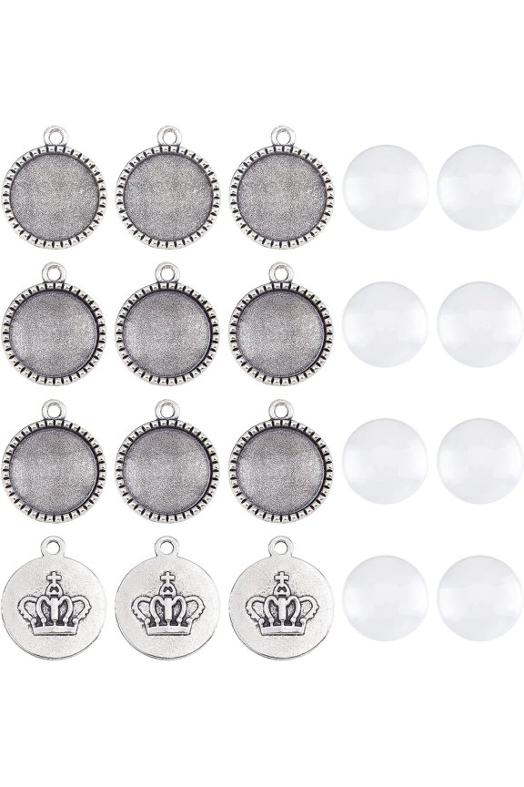 200 Pcs 18mm Half Round Cabochon Tray Kit 100 Pcs Bezel Pendant Trays Setting and 100 Pcs Glass Cabochon for DIY Pendant Jewelry Making (Antique Silver with Crown Pattern) DIY