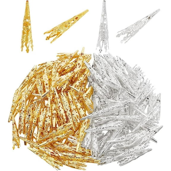 200 Pcs 2 Colors Long Flower Bead Caps Hollow Bead End Caps Bead Stoppers for Tassels Jewelry Making DIY Crafts Goddess Beads Dreadlock Beads for Hair Braid Silver&Golden 1.6 Inch