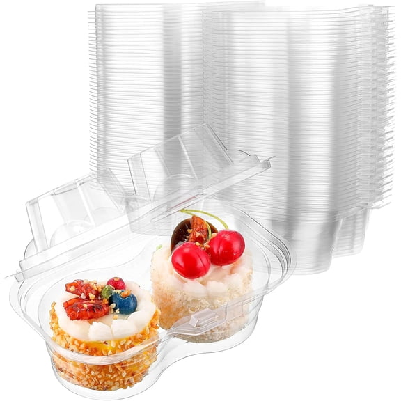 200 Pcs 2 Compartment Plastic Cupcake Containers Disposable Deep Cupcake Carrier Holder Box with Lids Stackable Clear Dessert Container for Muffin Pies Weddings Birthday Party
