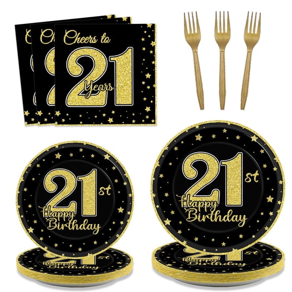 200 Pcs 21st Birthday Party Supplies Black Gold Plates Cheers to 21 Years Plates and Napkins Forks Disposable Black Gold Birthday Tableware Set for Kids 50 Guests Decorations Supplies Y114