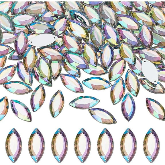 200 Pcs 24.5x11mm Horse Eye Acrylic Rhinestone Gems with Holes AB Color Acrylic Jewels Embelishments Crystals Flat Back Sew on Rhinestone with Container for DIY Costume Making DIY Sewing