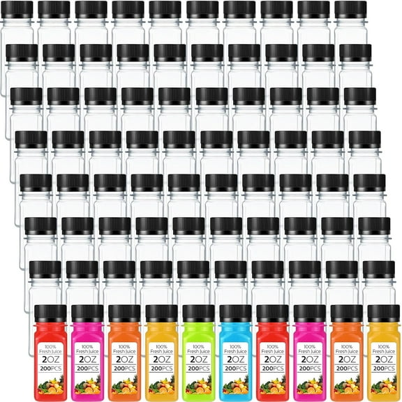 200 Pcs 2oz Small Plastic Juice Bottles Ginger Juice Bottle with Lids Liquid Vial Reusable Clear Beverage Container with Lid Freezer Safe Leak Proof for Milk Water Black Lid