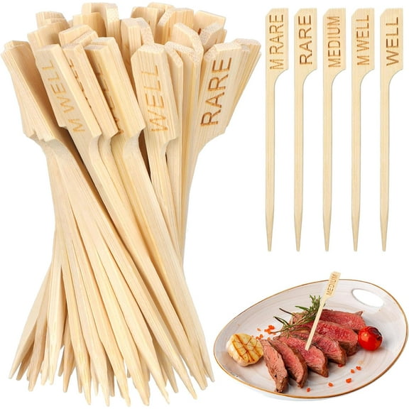 200 Pcs 3.94 Inch Assorted Bamboo Steak Markers Wood Meat Marker Sticks Steak Temperature Sticks Meat Doneness Picks Bamboo Paddle Skewers for BBQ, Kitchen, Parties or Buffets Food
