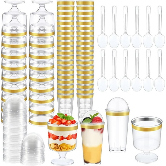 200 Pcs 3 oz 6 oz Dessert Cups with Lids and Spoons Gold Rimmed Yogurt Parfait Cups Mini Clear Plastic Dessert Shooter Cup for Birthday Party Fruit Ice Cream Cake Appetizers