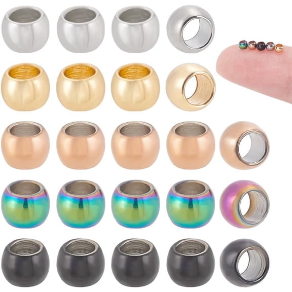 200 Pcs 304 Stainless Steel Crimp Beads 5 Styles 2.5x1.5mm Rondelle Beads Cord End Caps Tubes Ends Beads Mini Stopper Beads for DIY Jewelry Necklace Earrings Making