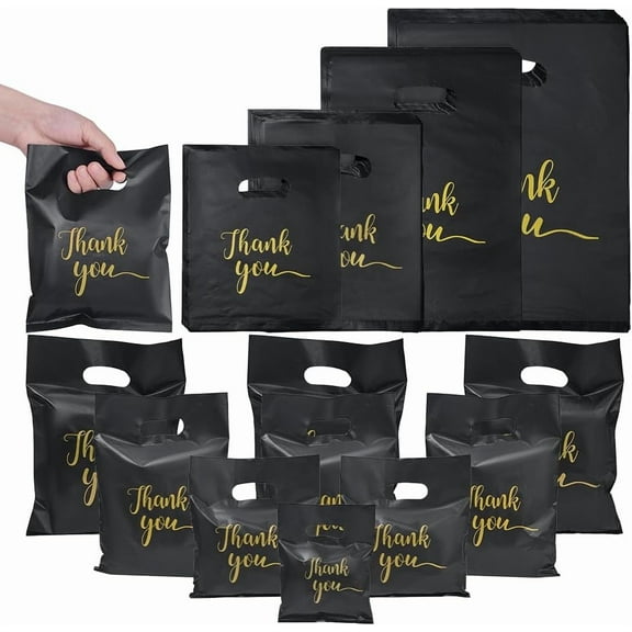 200 Pcs 4 Sizes Thank You Bags Black Thank You Merchandise Bags Plastic Shopping Boutique Bags with Handles Retail Bags Bulk Die Cut DIY