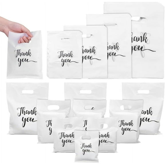 200 Pcs 4 Sizes Thank You Bags White Thank You Merchandise Plastic Shopping Boutique Bags with Handles Die Cut for Small Business Clothes Boutique Party Stores Retail
