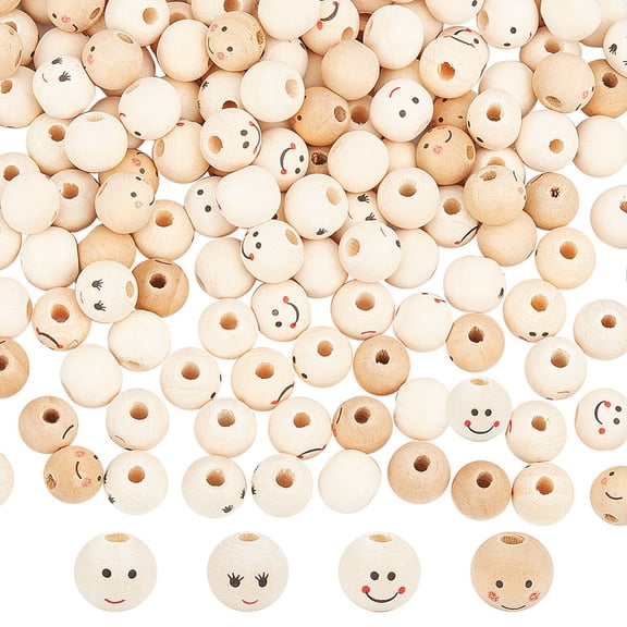 200 Pcs 4 Styles Face Wooden Beads Cute Face Beads Round Ball Beads Loose Spacer Beads Smooth Happy Face Bead for Necklace Bracelet Jewelry