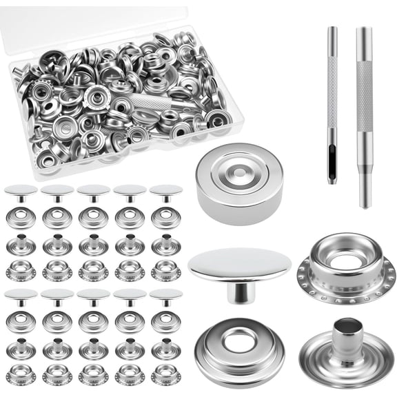 200 Pcs(50 Sets) Stainless Steel Snap Buttons Kit,15mm Rivets and Snaps with 3 Setting Tools,Button Press Stud Cap for Clothing, Jeans, Jackets, Bags (Silver)