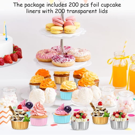 200 Pcs 5oz Mini Aluminum Baking Cups with Lid Easter Disposable Loaf Cake Pans Wedding Party Foil Cupcake Tins Liner Crme BrLe Ramekins Dessert Custard Pie Cheesecake Muffin Containers