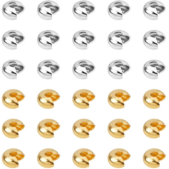 200 Pcs 6mm Brass Crimp Beads Covers Half Round Open Tube Beads Knot Cover Caps for Jewelry Making (Golden100 Platinum100) Mixed Color