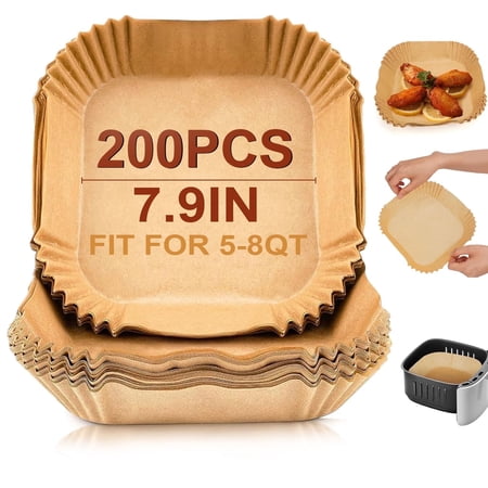 TickJOY 200 Pcs Air Fryer Liners, 7.9 in Square Non-Stick Air Fryer Disposable Paper Liner, Unbleached Oil-Proof Airfryer Liners, Air Fryer Parchment Paper Liners for Fryers Frying Pan Microwave Oven
