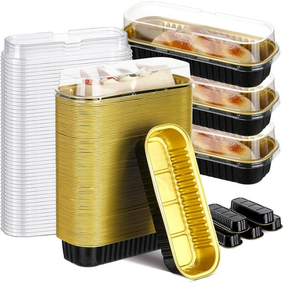 200 Pcs Aluminum Foil Mini Loaf Pans with Lids 6.8 oz Disposable Mini Cake Pan with Lid Rectangle Baking Cups for Summer Holiday Party Cupcake Bread Muffin Cheesecake Ramekins (Black Gold)