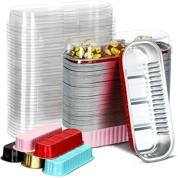200 Pcs Aluminum Foil Mini Loaf Pans with Lids 6.8 oz Disposable Mini Cake Pan with Lid Rectangle Baking Cups for Summer Holiday Party Cupcake Bread Muffin Cheesecake Ramekins (Multicolor)