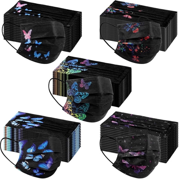 200 Pcs Black Butterfly Mask Disposable Face Mask Breathable 3-layer Protective Individually Wrapped Cute Butterfly Face Masks for Women Men Holiday Colorful Masks, 5 Styles$$Tools & Hardware Other