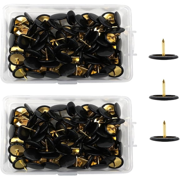 200 Pcs Black Drawing Pins, Round Head Thumbtacks, Metal Push Pins with Storage Box Gold Steel Tip Flat Lap Pins for Pinboard, Bulletin Board, Office, Home
