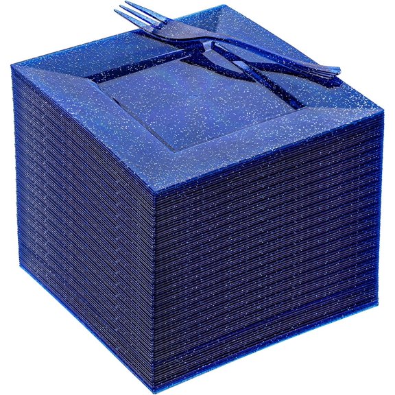 200 Pcs Blue Disposable Dessert Plates with Forks- 6" Cake Plates and 5.7" Plastic Forks for 100 Guests, Party & Wedding Appetizer Set