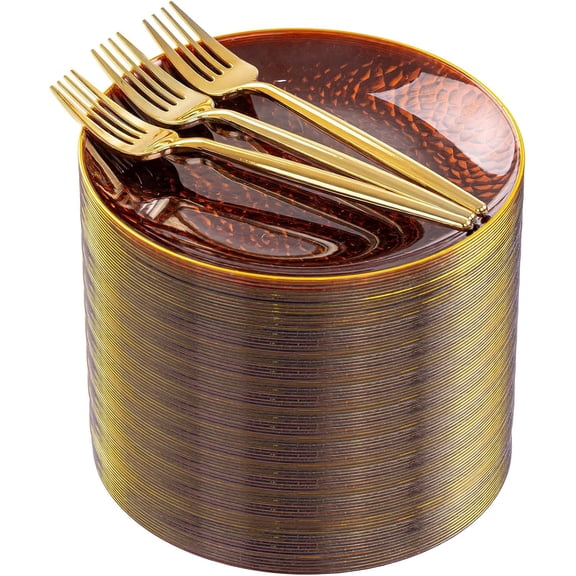 200 Pcs Brown 6-Inch Amber Plastic Dessert Plates with Gold Rim, Includes 100 Hammered Appetizer Plates and 100 Disposable Gold Forks for Wedding Party Celebration