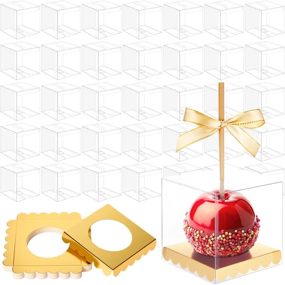 200 Pcs Candy Apple Gift Box Set with Gold Base and Clear PET Top 4" x 4" x 4"