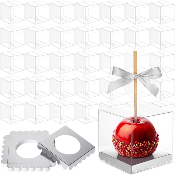 200 Pcs Candy Apple Gift Boxes with Hole Top Silver Base Clear PET 4" x 4" x 4"