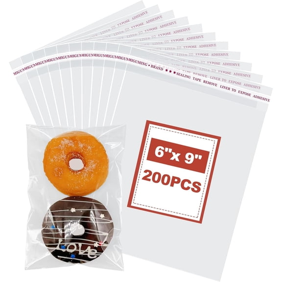 200 Pcs Cellophane Bags 6x9 Inch, Clear Cookie Bags,Self Adhesive,Self-Sealing,Plastic Wrappers bags for Bakery, Treats Packaging,Candle, Soap and Gifts