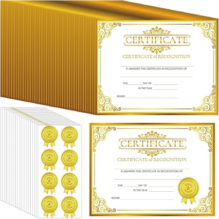 200 Pcs Certificate of Recognition Certificate Paper with Gold Sticker Seals Pre Printed Award for Graduation Diploma Achievements Students Teachers Employees Gift, 8.7 x 11 Inch