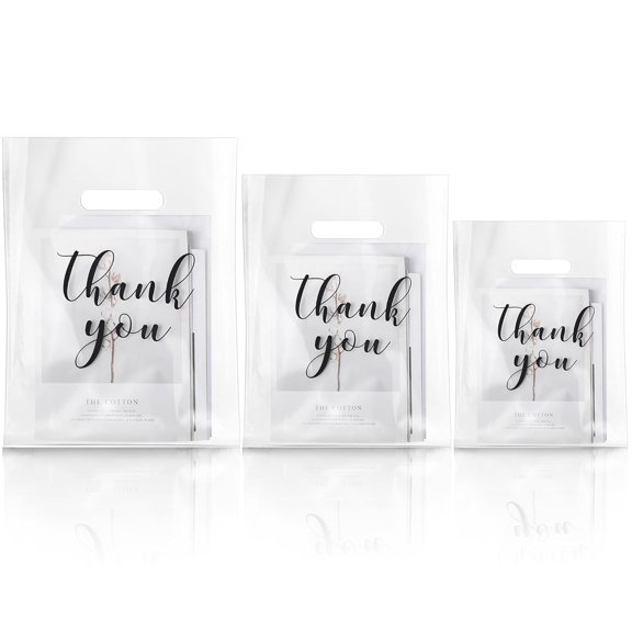 200 Pcs Clear Thank You Merchandise Bags with Die Cut Handles Plastic Shopping Reusable Retail Thank You Gift Bags Bulk 3 Sizes for Small Business Goodie Trade Boutique Clothes Party Favors