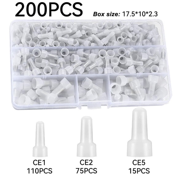 200 Pcs Closed End Crimp Connectors Kit 22-16 16-14 12-10 AWG Nylon Insulated Wire Terminals Caps for Electrical Wiring White